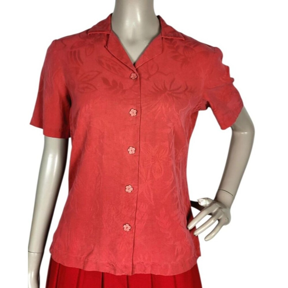 Vintage 90s Tommy Bahama 100% Silk Rust Floral Brocade Button-Down Shirt Small
